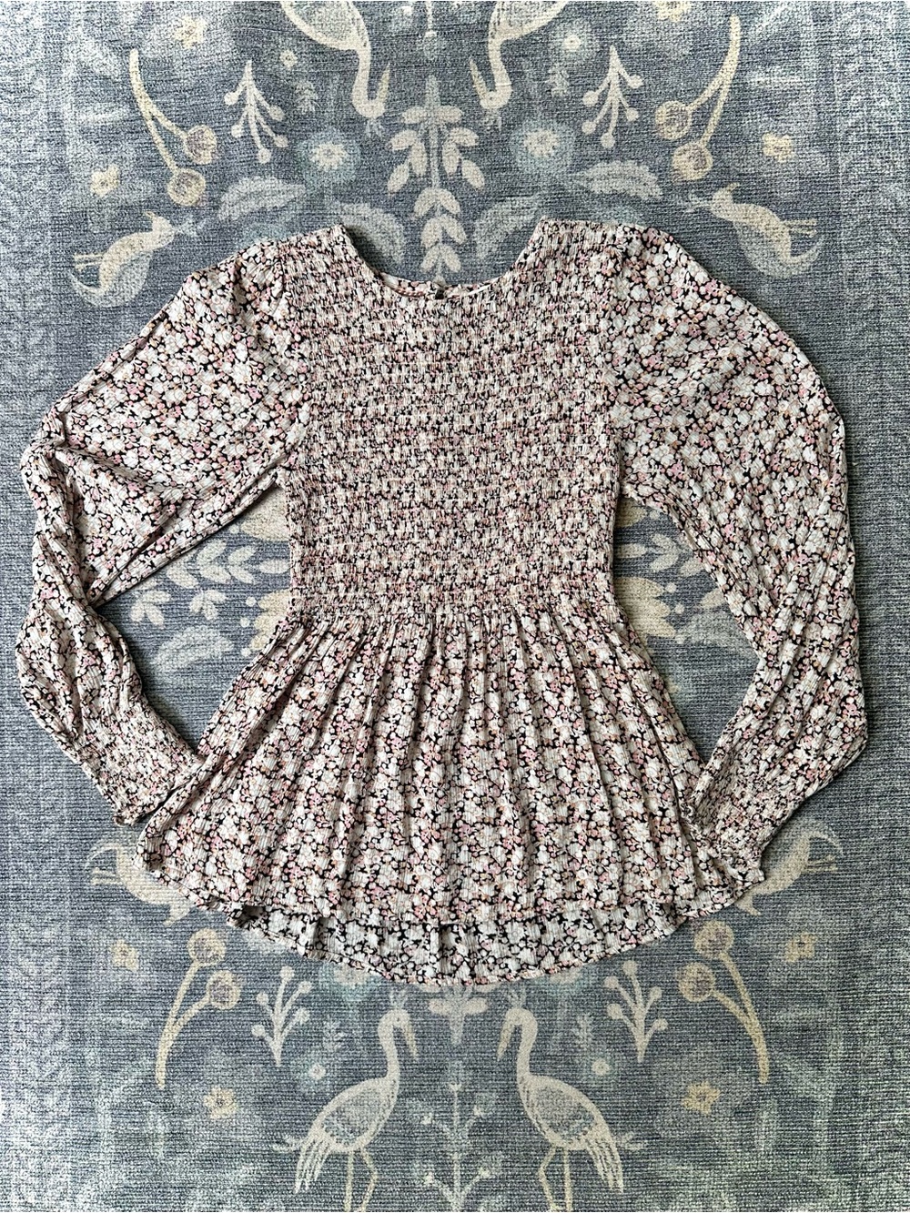 Fat Face Floral Smocked Puff Sleeve Peplum Blouse Top US 2